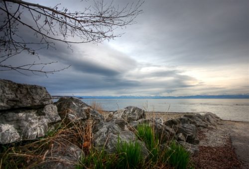 Blick vom Campingplatz-Strand in Fischbach über den Bodensee